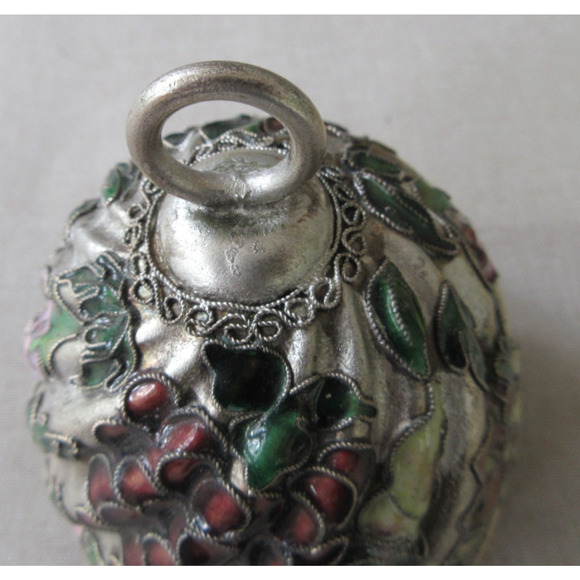 Vintage 80s Cloisonne Bird & Fruit Domed Enamel Silver Tone Bell Cottage 4" - Picture 4 of 6